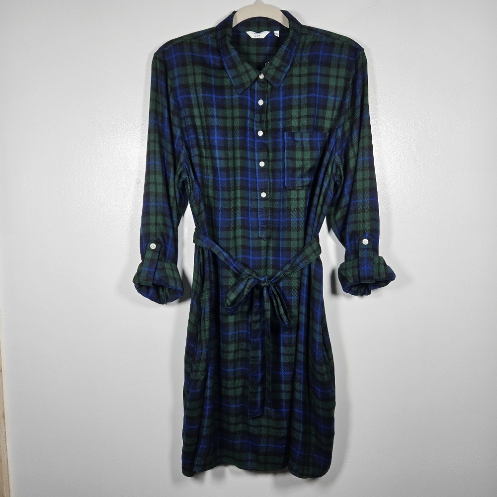 NEW Crown & Ivy Long Sleeve Plaid Shirt Dress Navy Blue Green Size XL